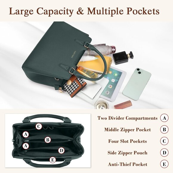 Women Dark Green PU leather Top-Handle Waterproof Anti Theft Leather Handbag - Picture 5 of 8